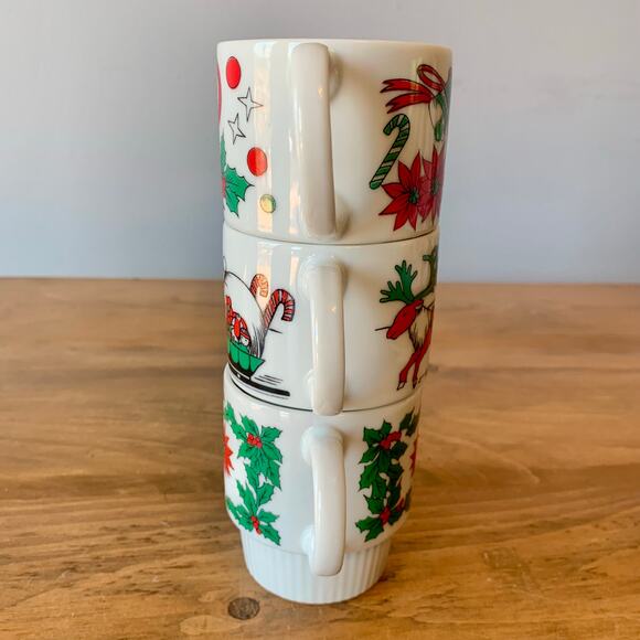 Vtg Christmas Stacking 3 Mugs Japan Santa Coffee Tea Cups MCM Hot Cocoa - Picture 5 of 7